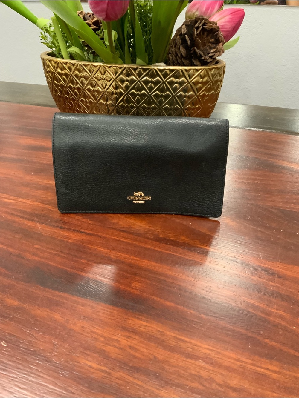 Coach Black Leather Continental Wallet with Gold Logo